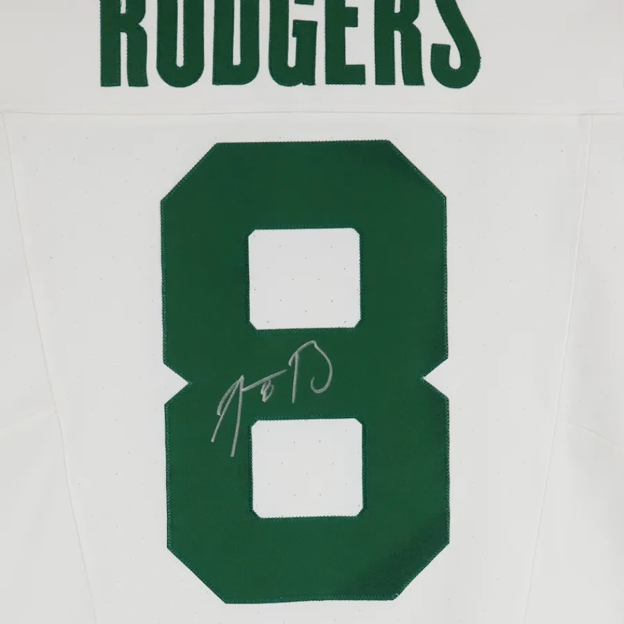 New York Jets Autographed Items | Collectible Jerseys^Aaron Rodgers Autographed White F.U.S.E. Nike Elite Jersey