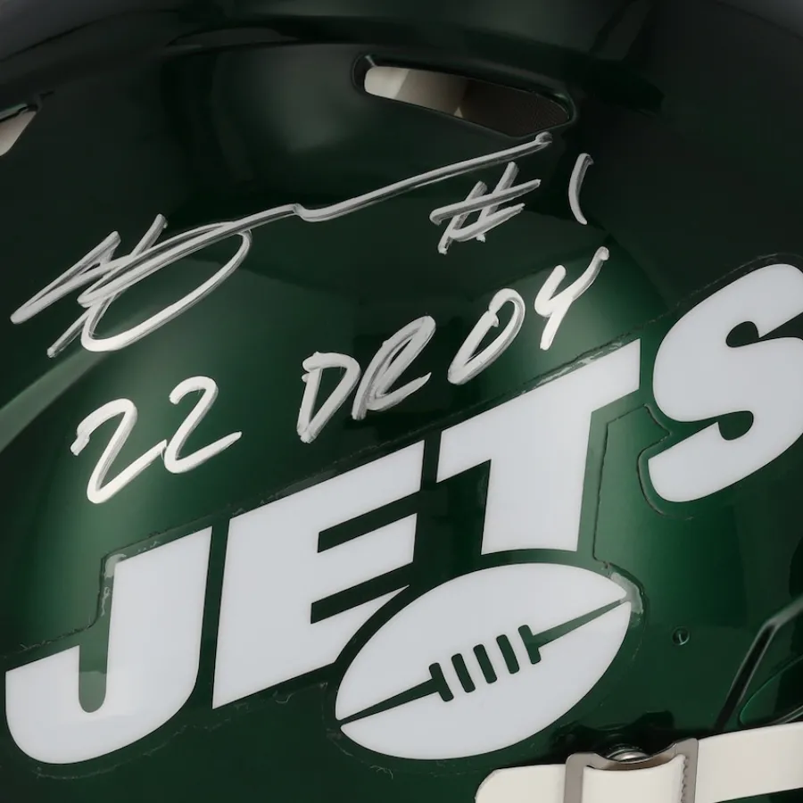 New York Jets Autographed Items | Helmets^Ahmad Sauce Gardner Autographed Riddell Speed Authentic Helmet With "22 DROY" Inscription