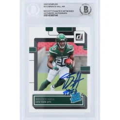 New York Jets Trading Cards^Breece Hall Autographed 2022 Panini Donruss Rated Rookie #314 Beckett Fanatics Witnessed Authenticated Rookie Card