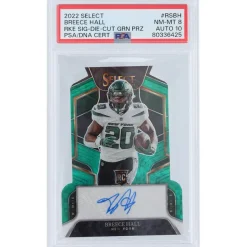 New York Jets Trading Cards^Breece Hall Autographed 2022 Panini Select Green Die-Cut #RS-BH #4/5 PSA Authenticated 8/10 Rookie Card