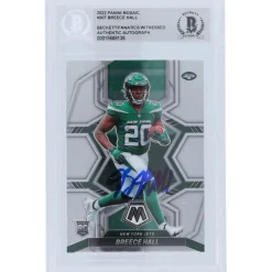 New York Jets Trading Cards^Breece Hall 2022 Panini Mosaic #307 Beckett Fanatics Witnessed Authenticated Rookie Card