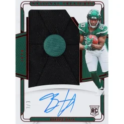 New York Jets Trading Cards^Breece Hall Autographed 2022 Panini National Treasures Cap Patch Relic #RHS-BHA #3/3 BGS Authenticated Rookie Card