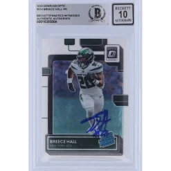 New York Jets Trading Cards^Breece Hall Autographed 2022 Panini Donruss Rated Rookie #214 Beckett Fanatics Witnessed Authenticated 10 Rookie Card