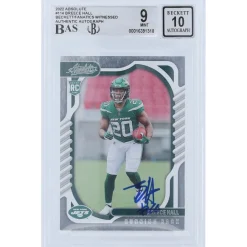 New York Jets Trading Cards^Breece Hall Autographed 2022 Panini Absolute #114 Beckett Fanatics Witnessed Authenticated 9/10 Rookie Card