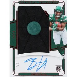 New York Jets Trading Cards^Breece Hall Autographed 2022 Panini National Treasures Cap Patch Relic #RHS-BHA #3/3 BGS Authenticated Rookie Card