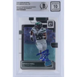 New York Jets Trading Cards^Breece Hall Autographed 2022 Panini Donruss Rated Rookie #214 Beckett Fanatics Witnessed Authenticated 10 Rookie Card