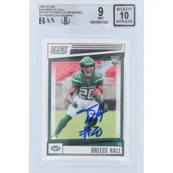 New York Jets Trading Cards^Breece Hall Autographed 2022 Panini Score #330 Beckett Fanatics Witnessed Authenticated 9/10 Rookie Card