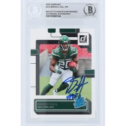 New York Jets Trading Cards^Breece Hall Autographed 2022 Panini Donruss Rated Rookie #314 Beckett Fanatics Witnessed Authenticated Rookie Card