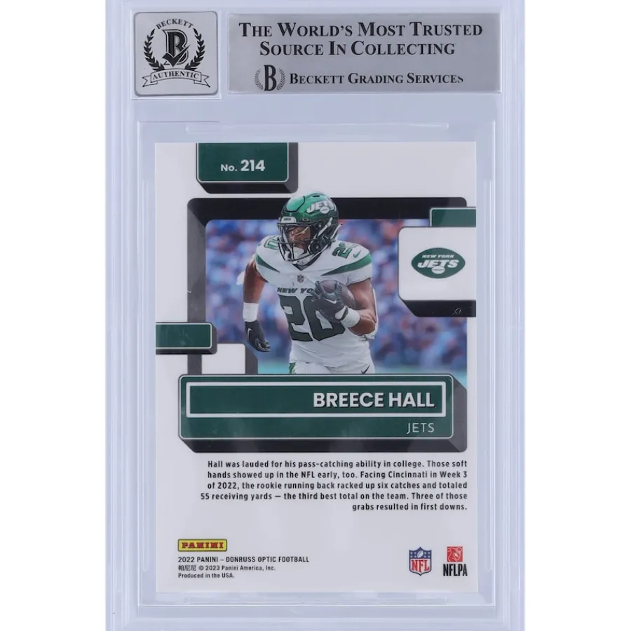 New York Jets Trading Cards^Breece Hall Autographed 2022 Panini Donruss Rated Rookie #214 Beckett Fanatics Witnessed Authenticated 10 Rookie Card