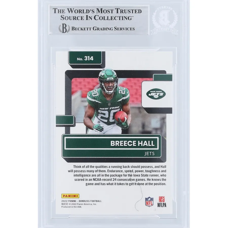New York Jets Trading Cards^Breece Hall Autographed 2022 Panini Donruss Rated Rookie #314 Beckett Fanatics Witnessed Authenticated Rookie Card