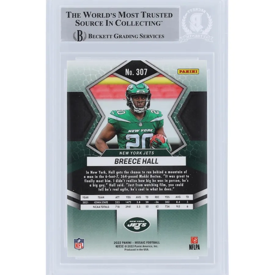 New York Jets Trading Cards^Breece Hall 2022 Panini Mosaic #307 Beckett Fanatics Witnessed Authenticated Rookie Card