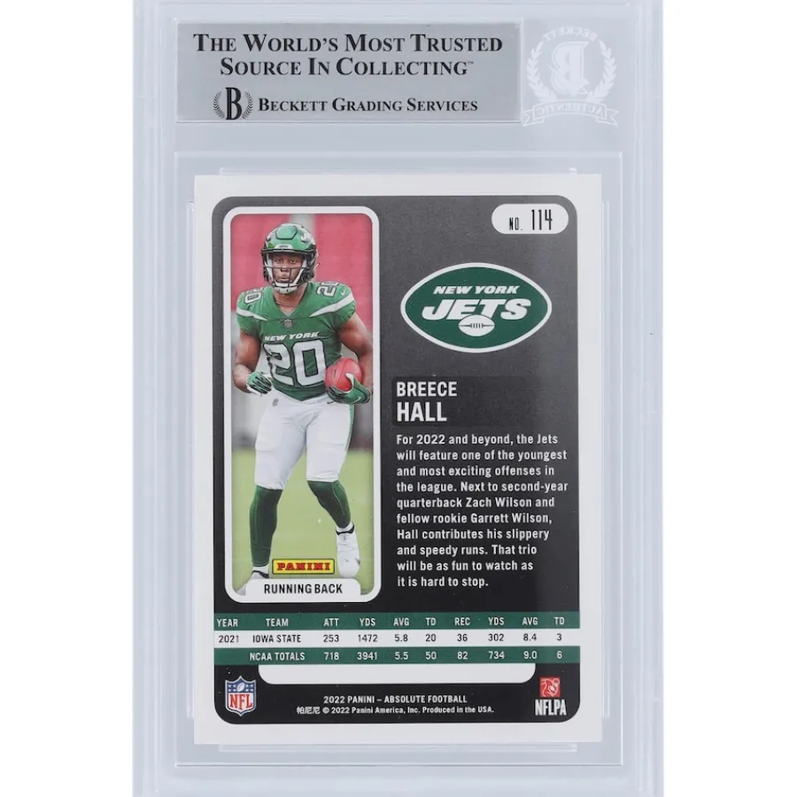 New York Jets Trading Cards^Breece Hall 2022 Panini Absolute #114 Beckett Fanatics Witnessed Authenticated Rookie Card