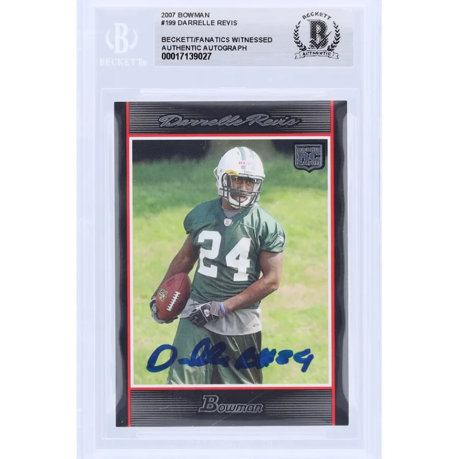 New York Jets Trading Cards^Darrelle Revis Autographed 2007 Bowman #199 Beckett Fanatics Witnessed Authenticated Rookie Card