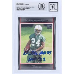 New York Jets Trading Cards^Darrelle Revis Autographed 2007 Bowman #199 Beckett Fanatics Witnessed Authenticated 10 Rookie Card With "HOF '23" Inscription