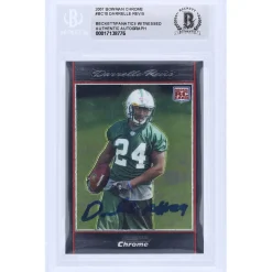 New York Jets Trading Cards^Darrelle Revis Autographed 2007 Topps Chrome #BC10 Beckett Fanatics Witnessed Authenticated Rookie Card