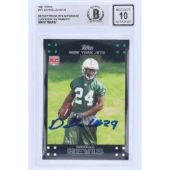 New York Jets Trading Cards^Darrelle Revis Autographed 2007 Topps #374 Beckett Fanatics Witnessed Authenticated 10 Rookie Card