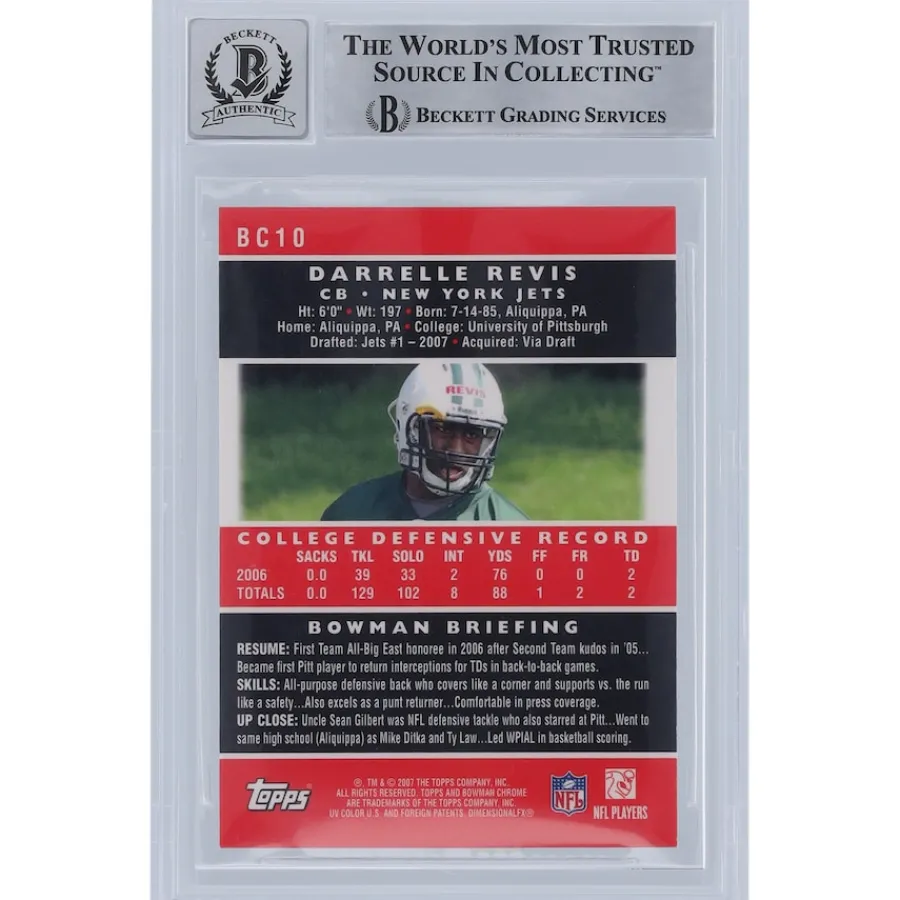 New York Jets Trading Cards^Darrelle Revis Autographed 2007 Bowman Chrome #BC10 Beckett Fanatics Witnessed Authenticated 9/10 Rookie Card With "HOF '23" Inscription
