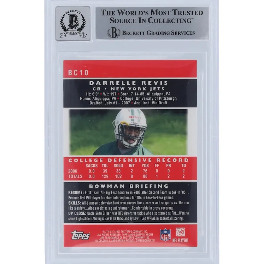 New York Jets Trading Cards^Darrelle Revis Autographed 2007 Bowman Chrome #BC10 Beckett Fanatics Witnessed Authenticated 10 Rookie Card With "HOF 23" Inscription