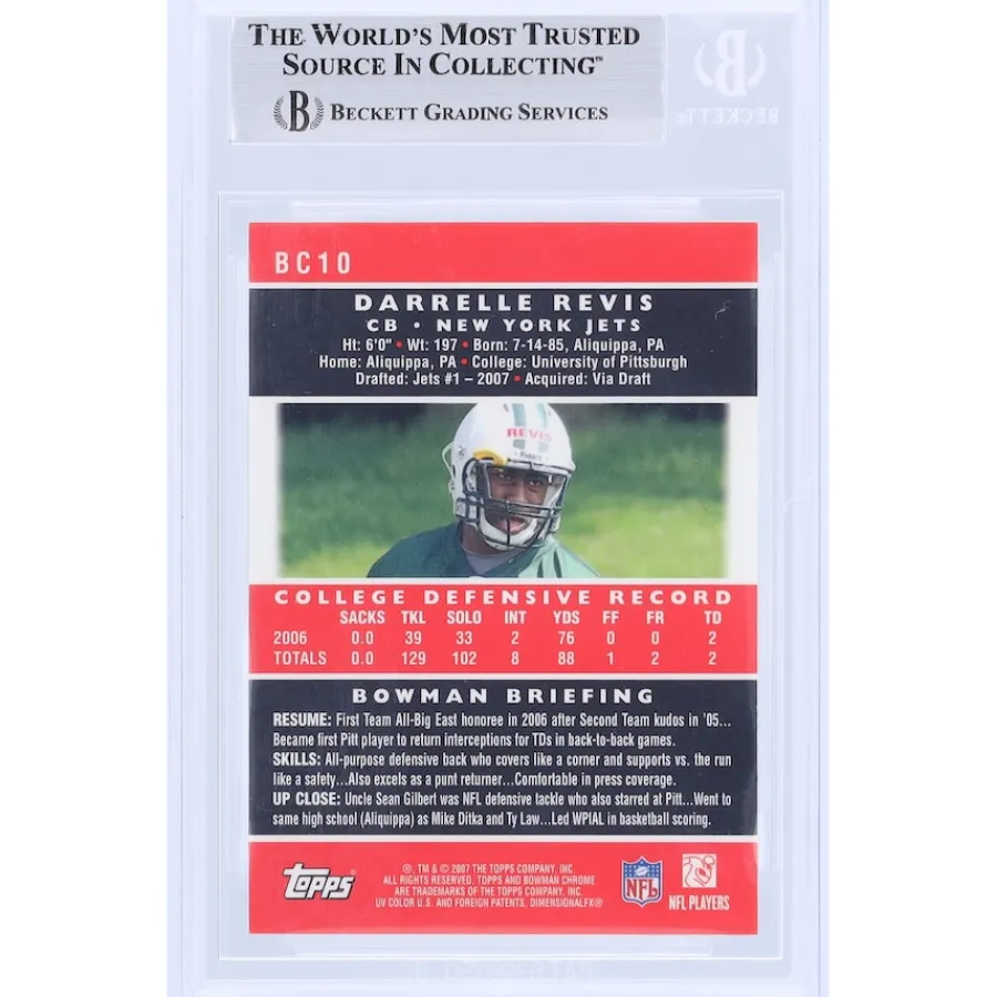 New York Jets Trading Cards^Darrelle Revis Autographed 2007 Topps Chrome #BC10 Beckett Fanatics Witnessed Authenticated Rookie Card