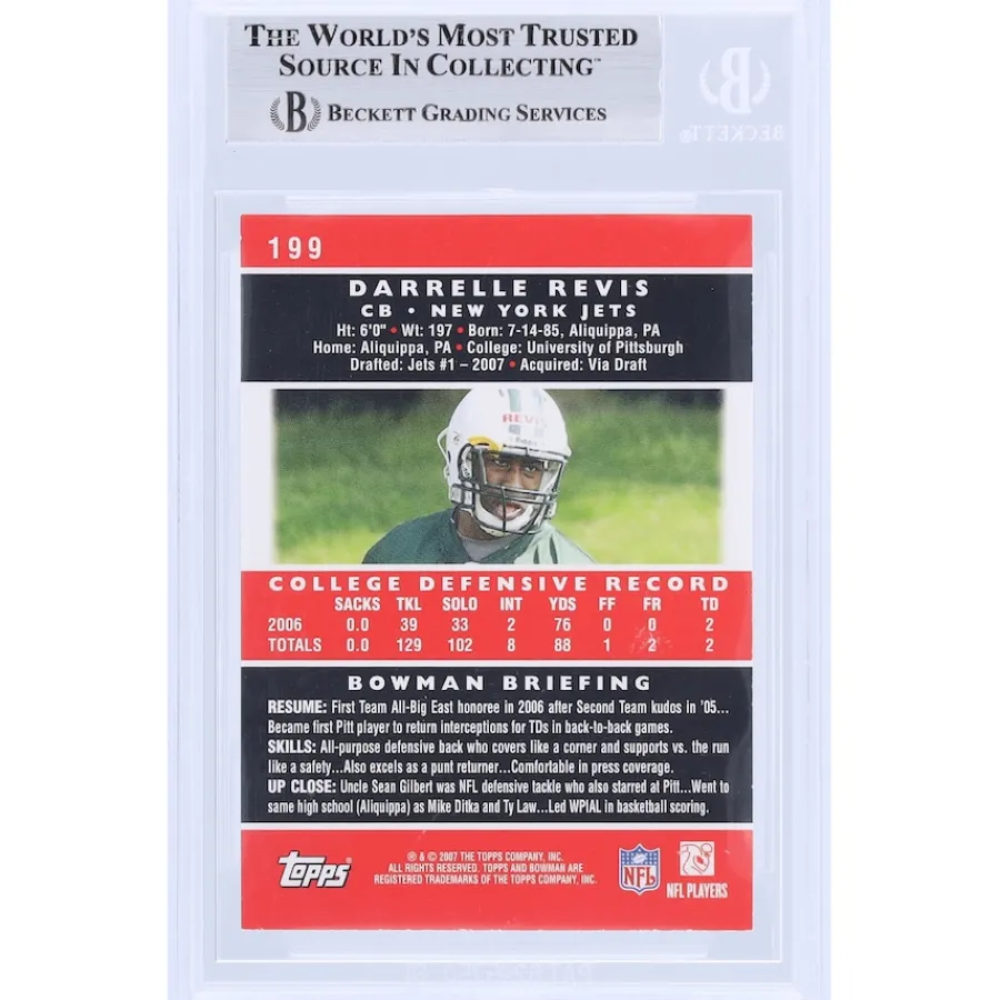 New York Jets Trading Cards^Darrelle Revis Autographed 2007 Bowman #199 Beckett Fanatics Witnessed Authenticated Rookie Card With "HOF '23" Inscription