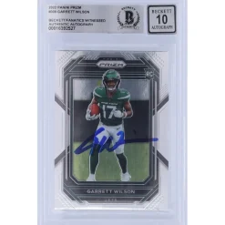 New York Jets Trading Cards^Garrett Wilson Autographed 2022 Panini Prizm #309 Beckett Fanatics Witnessed Authenticated 10 Rookie Card
