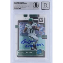 New York Jets Trading Cards^Garrett Wilson Autographed 2022 Panini Donruss Optic Rated Rookie #206 Beckett Fanatics Witnessed Authenticated 10 Rookie Card With "2022 OROY" Inscription