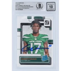 New York Jets Trading Cards^Garrett Wilson Autographed 2022 Panini Donruss Rated Rookie Canvas #306 Beckett Fanatics Witnessed Authenticated 10 Rookie Card