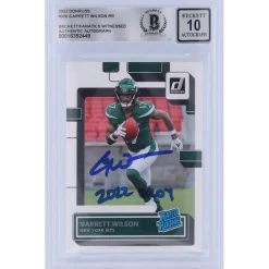 New York Jets Trading Cards^Garrett Wilson Autographed 2022 Panini Donruss Rated Rookie #306 Beckett Fanatics Witnessed Authenticated 10 Rookie Card With "2022 OROY" Inscription