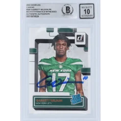 New York Jets Trading Cards^Garrett Wilson Autographed 2022 Panini Donruss Rated Rookie Canvas #306 Beckett Fanatics Witnessed Authenticated 10 Rookie Card