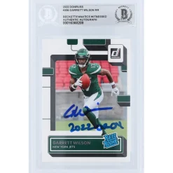 New York Jets Trading Cards^Garrett Wilson Autographed 2022 Panini Donruss Rated Rookie #306 Beckett Fanatics Witnessed Authenticated Rookie Card With "2022 OROY" Inscription