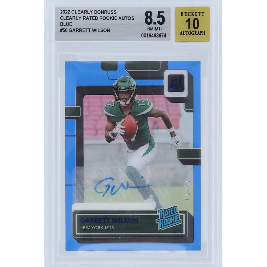New York Jets Trading Cards^Garrett Wilson Autographed 2022 Panini Clearly Donruss Blue Variation #56 #15/99 BGS Authenticated 8.5/10 Rookie Card