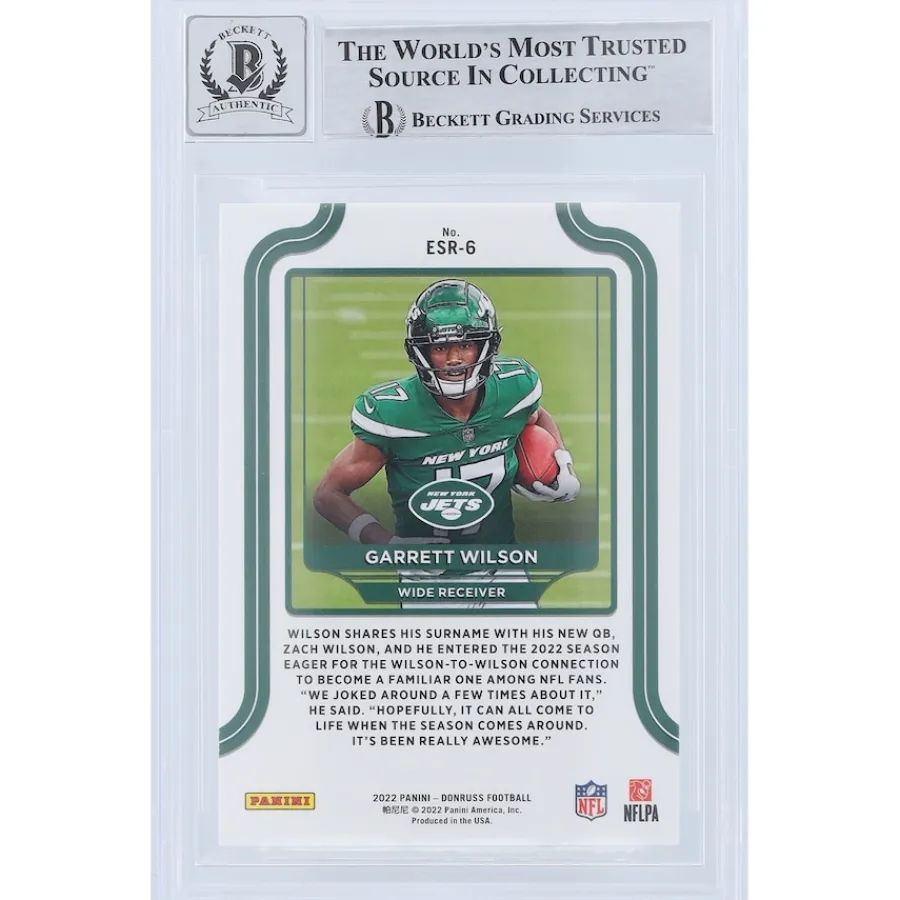 New York Jets Trading Cards^Garrett Wilson Autographed 2022 Panini Donruss Elite Series Rookies #ESR-6 Beckett Fanatics Witnessed Authenticated 9/10 Rookie Card
