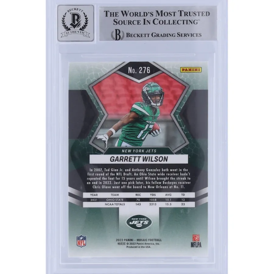 New York Jets Trading Cards^Garrett Wilson Autographed 2022 Panini Mosaic NFL Debut #276 Beckett Fanatics Witnessed Authenticated 10 Rookie Card