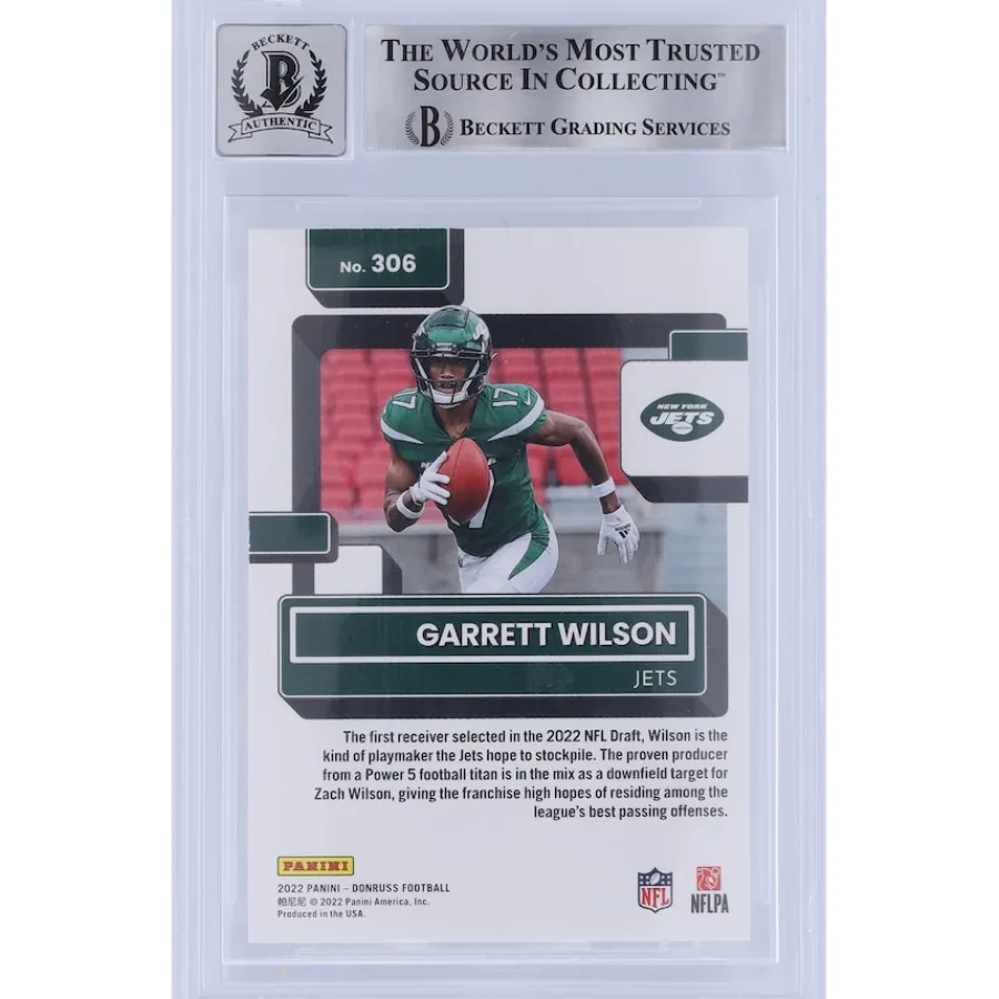 New York Jets Trading Cards^Garrett Wilson Autographed 2022 Panini Donruss Rated Rookie #306 Beckett Fanatics Witnessed Authenticated 10 Rookie Card With "2022 OROY" Inscription