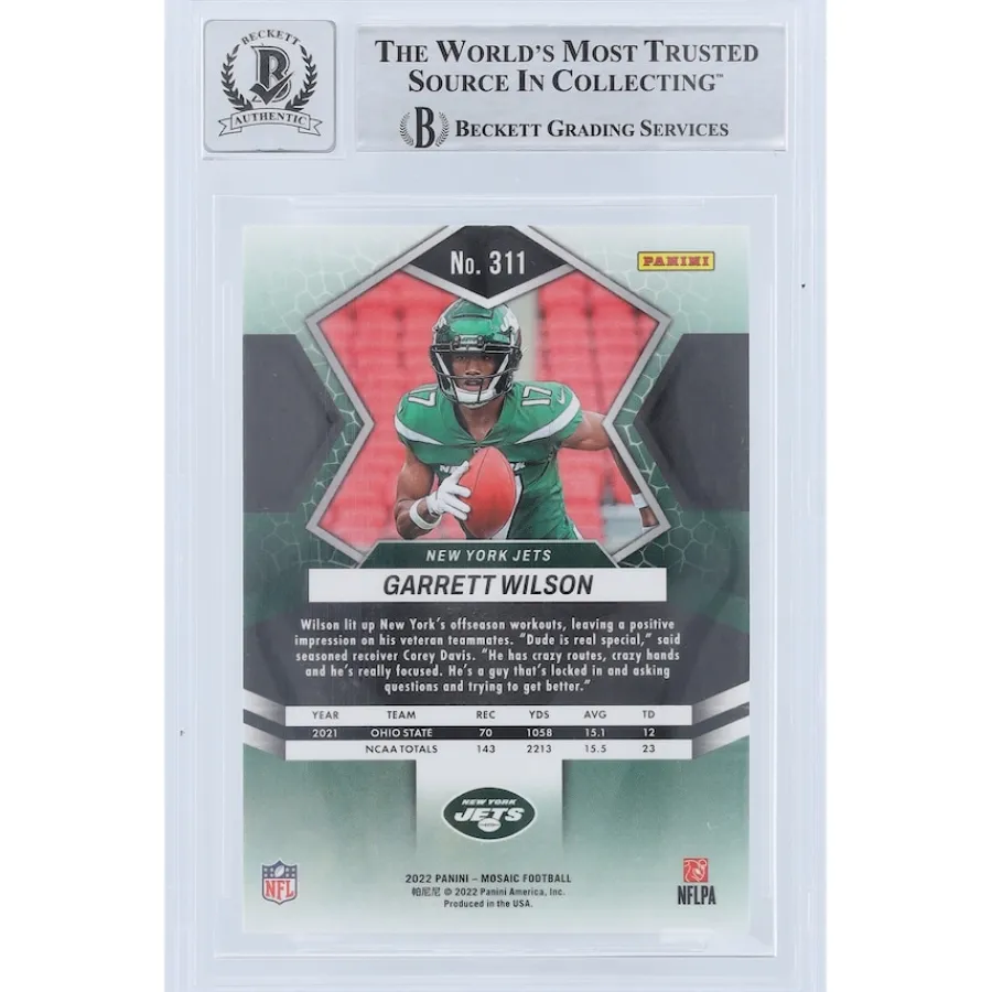 New York Jets Trading Cards^Garrett Wilson Autographed 2022 Panini Mosaic #311 Beckett Fanatics Witnessed Authenticated 9/10 Rookie Card With "2022 OROY" Inscription