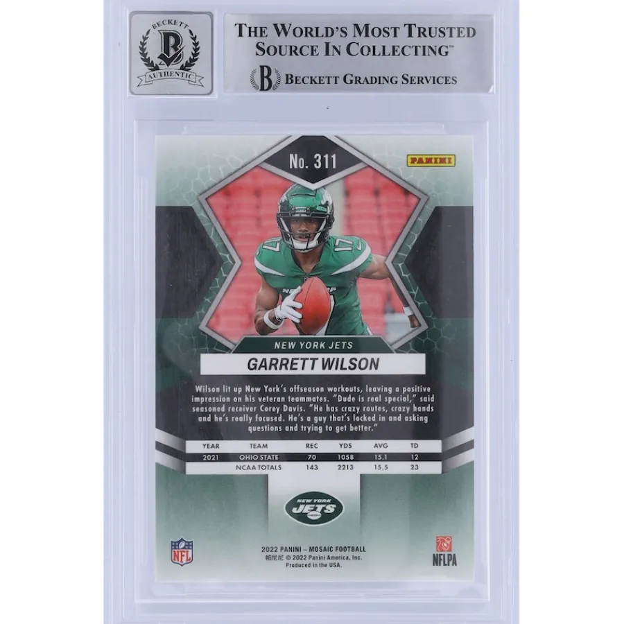 New York Jets Trading Cards^Garrett Wilson Autographed 2022 Panini Mosaic #311 Beckett Fanatics Witnessed Authenticated 10 Rookie Card