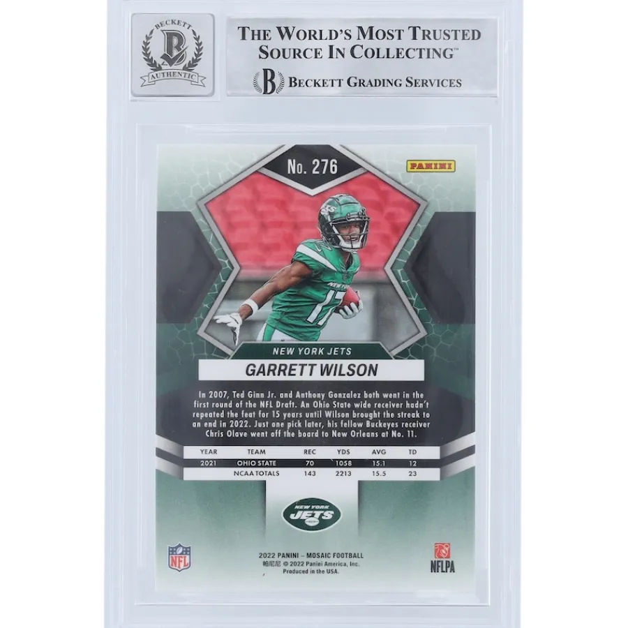 New York Jets Trading Cards^Garrett Wilson Autographed 2022 Panini Mosaic NFL Debut #276 Beckett Fanatics Witnessed Authenticated 9/10 Rookie Card