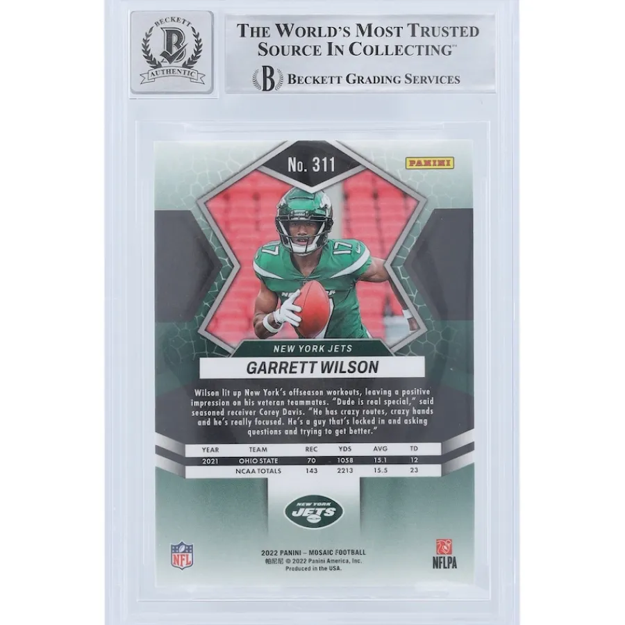 New York Jets Trading Cards^Garrett Wilson Autographed 2022 Panini Mosaic #311 Beckett Fanatics Witnessed Authenticated 9/10 Rookie Card