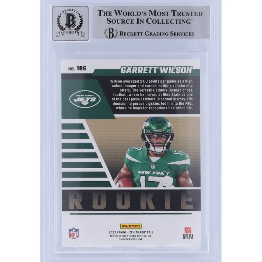 New York Jets Trading Cards^Garrett Wilson Autographed 2022 Panini Zenith Red Zone #106 Beckett Fanatics Witnessed Authenticated 10 Rookie Card With "2022 OROY" Inscription