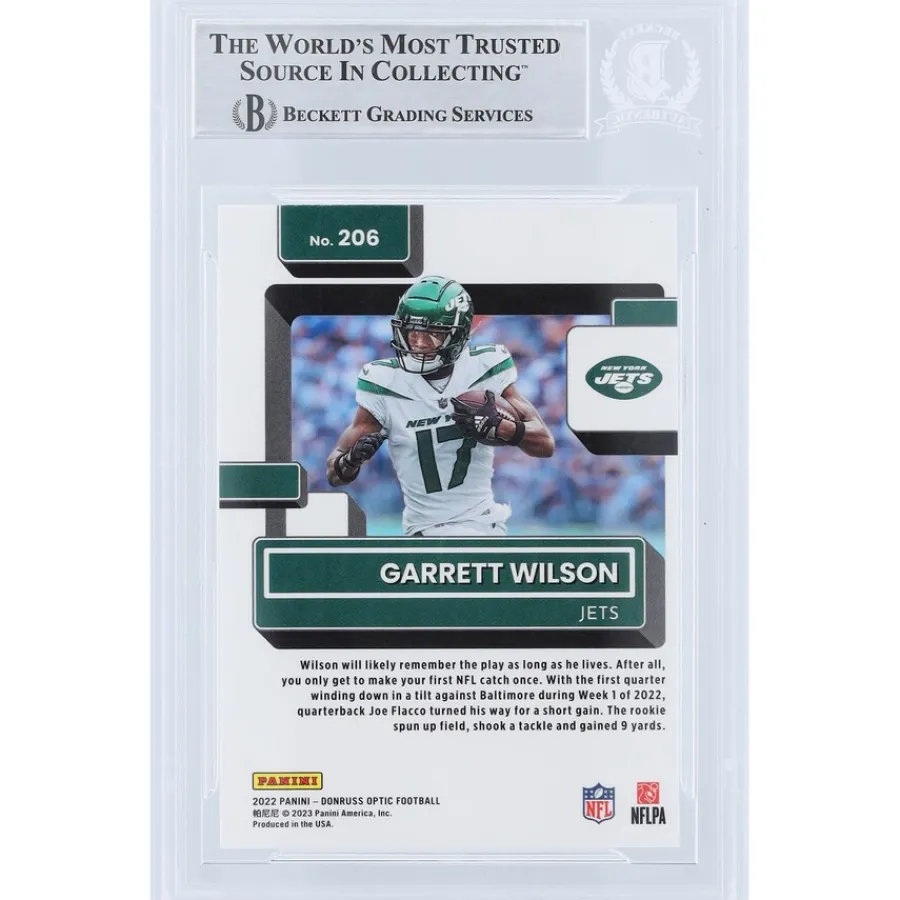 New York Jets Trading Cards^Garrett Wilson Autographed 2022 Panini Donruss Optic Rated Rookie #206 Beckett Fanatics Witnessed Authenticated Rookie Card With "2022 OROY" Inscription