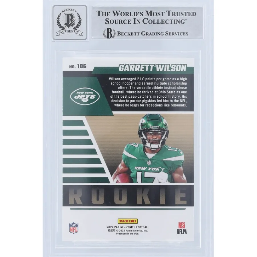 New York Jets Trading Cards^Garrett Wilson Autographed 2022 Panini Zenith Red Zone #106 Beckett Fanatics Witnessed Authenticated 9/10 Rookie Card With "2022 OROY" Inscription