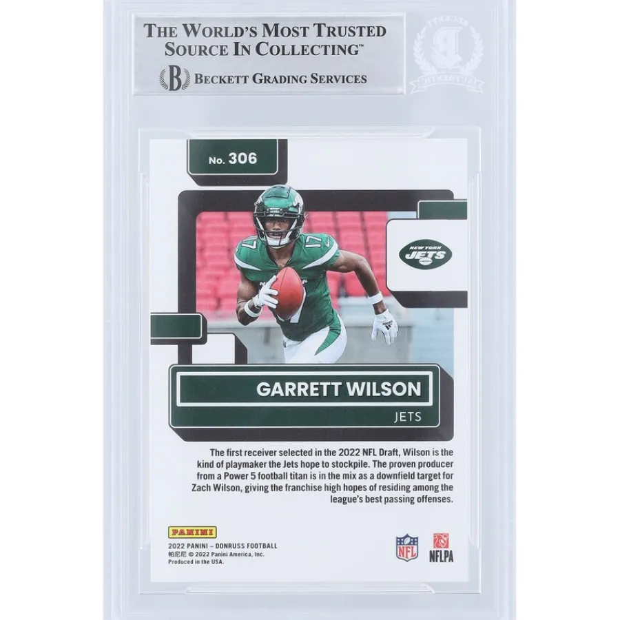 New York Jets Trading Cards^Garrett Wilson Autographed 2022 Panini Donruss Rated Rookie Press Proof Premium #306 Beckett Fanatics Witnessed Authenticated Rookie Card With "2022 OROY" Inscription