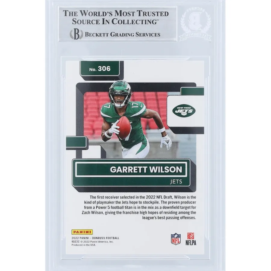 New York Jets Trading Cards^Garrett Wilson Autographed 2022 Panini Donruss Rated Rookie #306 Beckett Fanatics Witnessed Authenticated Rookie Card With "2022 OROY" Inscription
