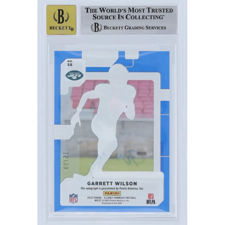 New York Jets Trading Cards^Garrett Wilson Autographed 2022 Panini Clearly Donruss Blue Variation #56 #15/99 BGS Authenticated 8.5/10 Rookie Card