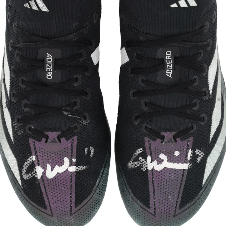 New York Jets Cleats & Shoes | Autographed Items^Garrett Wilson Autographed Game-Used Black/Gray Adidas Cleats From The 2023 NFL Season