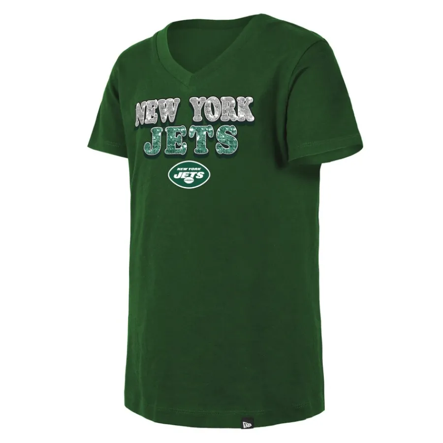 Kids New York Jets T-Shirts | Kids^Girls Youth New Era Green Reverse Sequin V-Neck T-Shirt