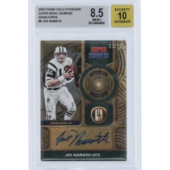 New York Jets Trading Cards^Joe Namath Autographed 2022 Panini Gold Standard Super Bowl Diamond Relic #SBD-JNA #3/10 BGS Authenticated 8.5/10 Card