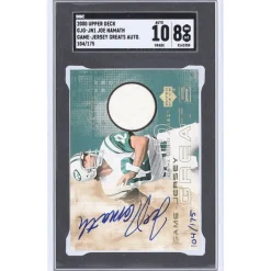 New York Jets Trading Cards^Joe Namath Autographed 2000 Upper Deck Game-Jersey Greats Relic #GJG-JN1 #104/175 SGC Authenticated 8/10 Card