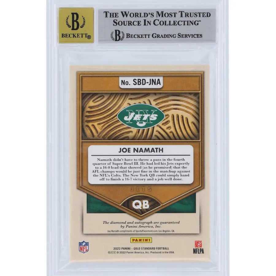 New York Jets Trading Cards^Joe Namath Autographed 2022 Panini Gold Standard Super Bowl Diamond Relic #SBD-JNA #3/10 BGS Authenticated 8.5/10 Card