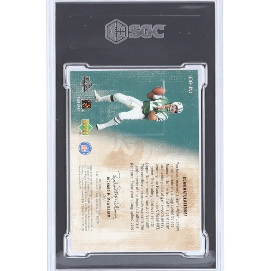 New York Jets Trading Cards^Joe Namath Autographed 2000 Upper Deck Game-Jersey Greats Relic #GJG-JN1 #104/175 SGC Authenticated 8/10 Card
